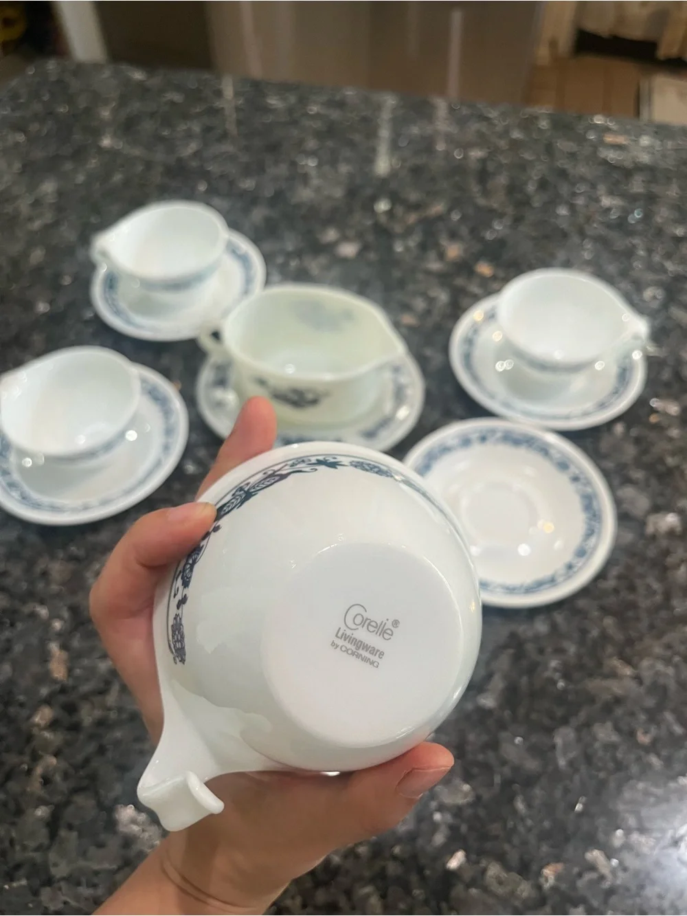 Vintage Corelle Livingware Blue Pyrex Gravy Boat Set Corning Ware
